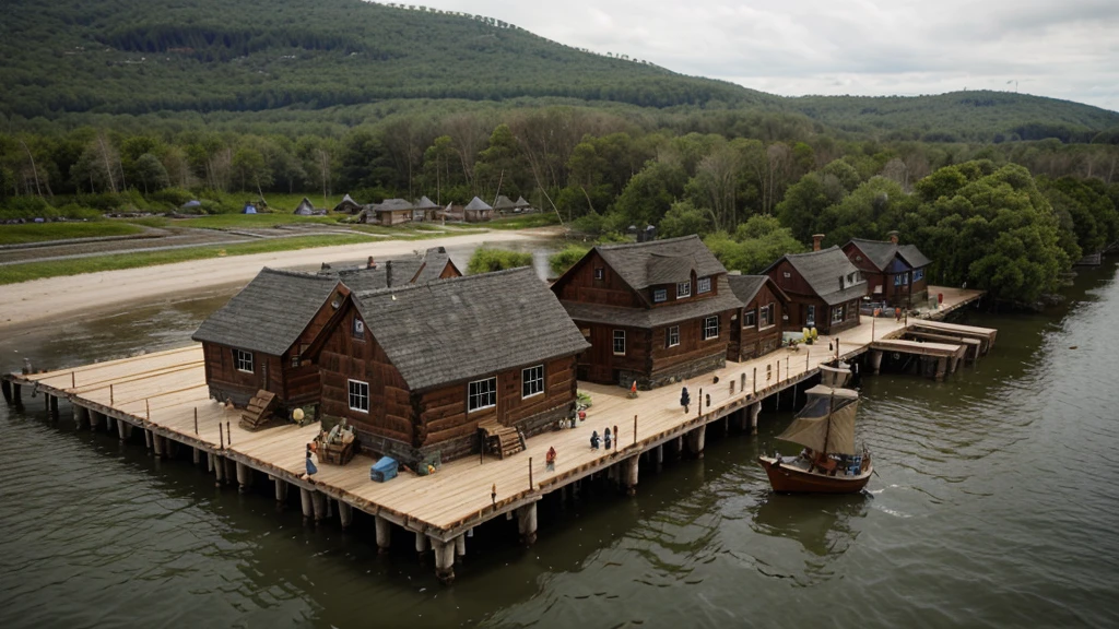 "Colonists disembarking on the New World coast, building first wooden houses, 17th century, realistic style"