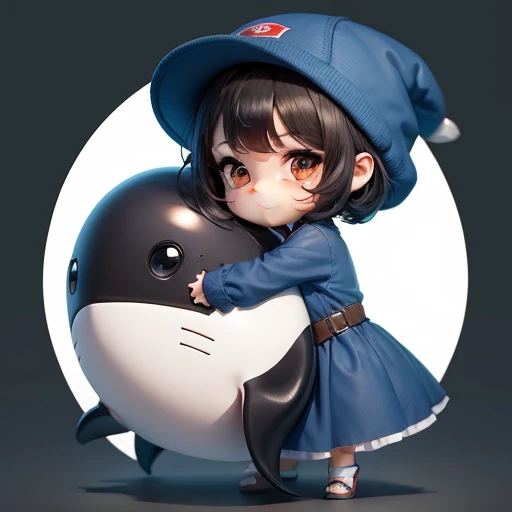 High quality,Masterpiece, Chibi, Nerdrooid, Mega Mini, Ninja, hat, whale, blue dress, have dark hair, Bob hairstyle,hugging sky