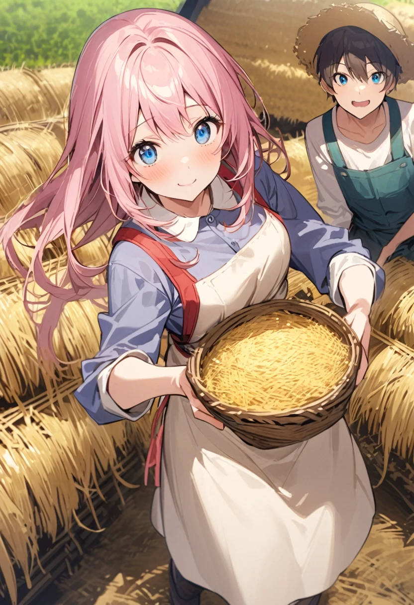 farmer、Farm Fork、Bundles of straw、Pink haired woman、blue eyes、Farm Forkを両手で持って、Farm Forkで藁の塊をつついて