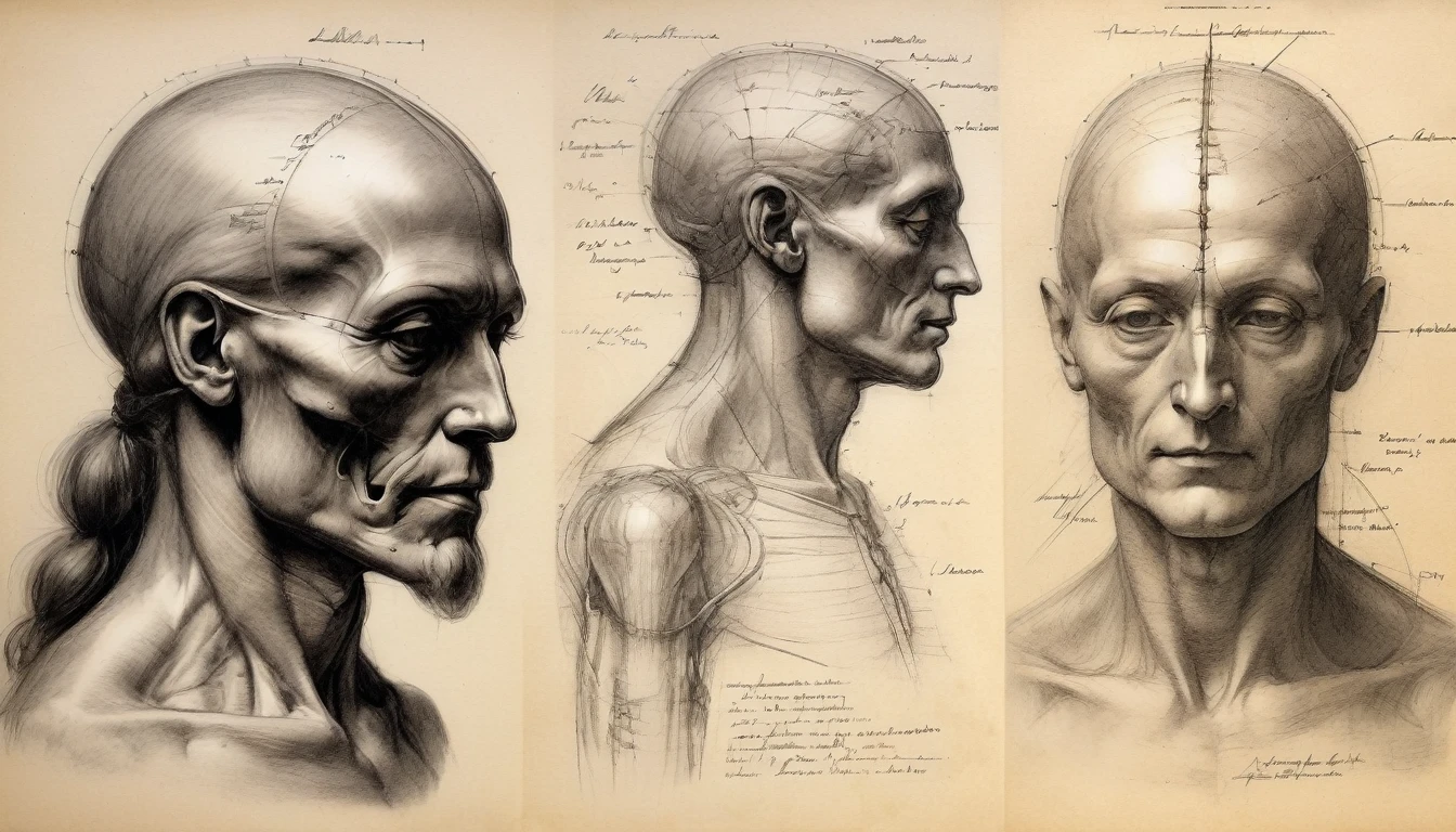 anatomy sketches drawn in charcoal pencil, with annotations, Leonardo Da Vinci STYLE