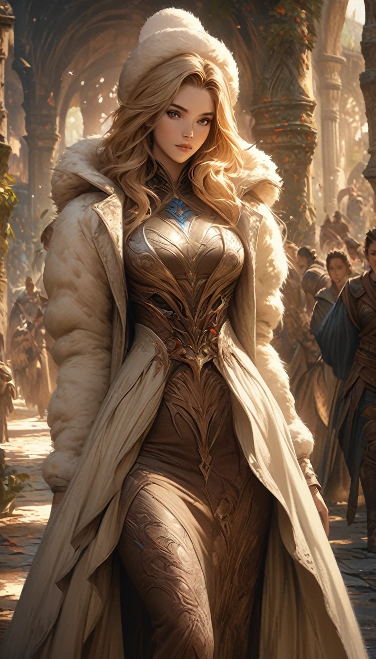 wearing fluffy clothing、Wearing a fluffy hat、Young woman with yellow hair, fantasy characters art, Great character art, Epic Fantasy Character Art, HD fantasy art, Epic and beautiful character art, realistic fantasy art, fantasy woman, Epic Fantasy Art Style HD, fantasy characters, digital fantasy art), fantasy style art, detailed fantasy art, High quality fantasy art, fantasy costumes, Digital 2D Fantasy Art
