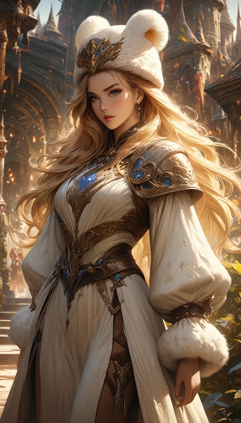 wearing fluffy clothing、Wearing a fluffy hat、Young woman with yellow hair, fantasy characters art, Great character art, Epic Fantasy Character Art, HD fantasy art, Epic and beautiful character art, realistic fantasy art, fantasy woman, Epic Fantasy Art Style HD, fantasy characters, digital fantasy art), fantasy style art, detailed fantasy art, High quality fantasy art, fantasy costumes, Digital 2D Fantasy Art