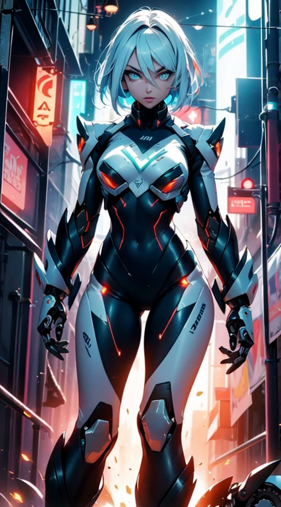 (mechanical parts:1.5),fighting , glowing eyes, short hair,torn tight supersuit, in a futuristic city, lights and neon, glowing power aura, lovely pose, dynamic view