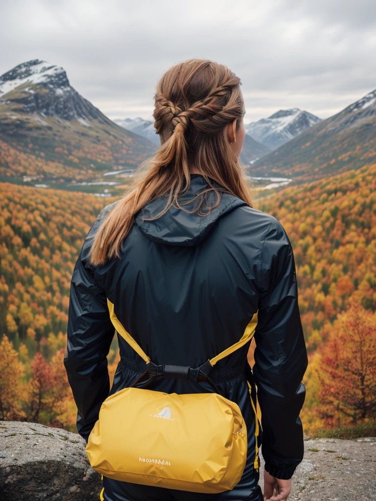 Naturescape photography; mountain climbing; Full body view; (1woman:0.5, solo), (slender body), (Small breasts) , (soaking wet red wind jacket ,tight satin Pants, terrain running shoes, big rucksack), standing on a mountain peak, Rough track, boulders , (long yellow hair), (nordic girl, 26-year-old, ultra delicate face, ultra Beautiful face, ultra delicate eyes, ultra detailed nose, ultra detailed mouth, ultra detailed facial features, natural skin, blemishes, blue eyes), (breasts are small: 0.5) (face is shiny:0.8), (natural skin:1  m, (Spectacular autumn rain, mountain views, with rugged Norwegian mountain ranges in the distance ), (Highest Quality, hyper-realistic:1.3, Super dense, very detailed illustration, Best image quality, very detailed illustration) natural skin, blemishes, detail skin texture, full body pose, natural skin poors, (((shot straight from the behind ))) she is uncomfortable and cold, afraid, sexy Ass, candid Ass,