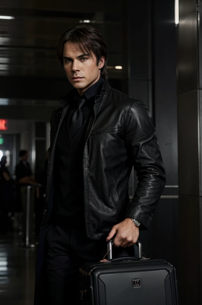 Prompt: After leaving Elena Gilbert at the airport, Damon Salvatore walks away with a determined expression. He navigates through the bustling terminal, making his way to a secluded, dimly lit lounge area. There, he prepares for his flight to Gotham City. Damon changes into a sleek, dark outfit that exudes confidence and a hint of danger. With his suitcase at his side and a mysterious glint in his eyes, he checks his watch, ready to embark on his next adventure. The background hints at the sophisticated yet shadowy atmosphere of Gotham City, foreshadowing the challenges ahead.






