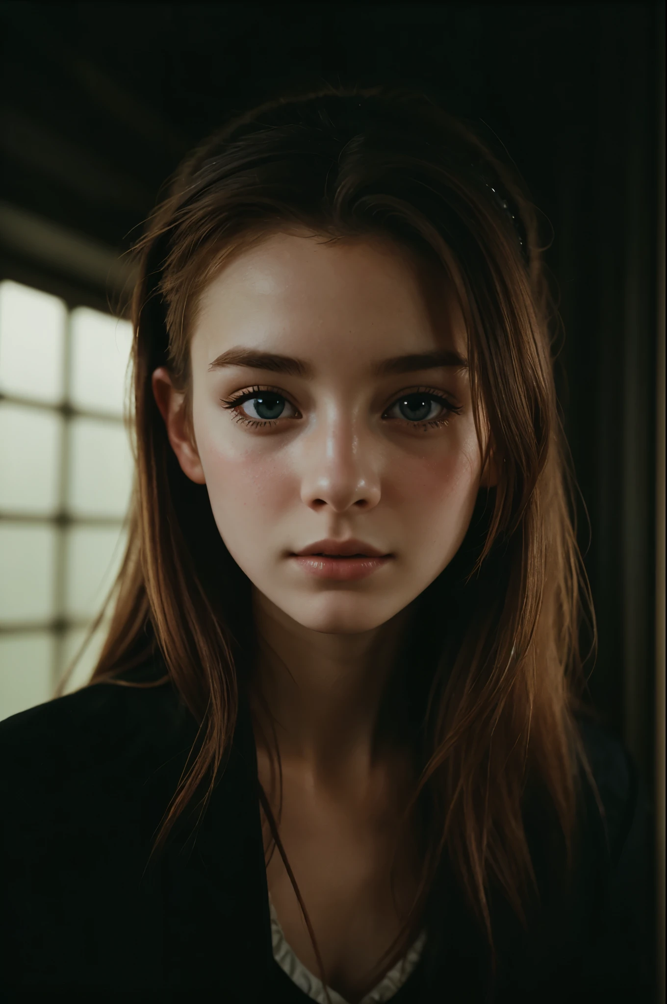 (photography of a 20 year old Aerith Gainsborough), (no close-up), highly detailed face, (smile:0.7) (background inside dark, moody, private study:1.3), steampunk pirate's airship, nikon d850, film stock photography, for kodak portra 400 ,camera f1.6 lens, bokeh, analog style, rich colors, hyper realistic, lifelike texture, dramatic lighting, cinestill 800, messy hair, serious, (freckles:0.4), pale skin, cute sexy