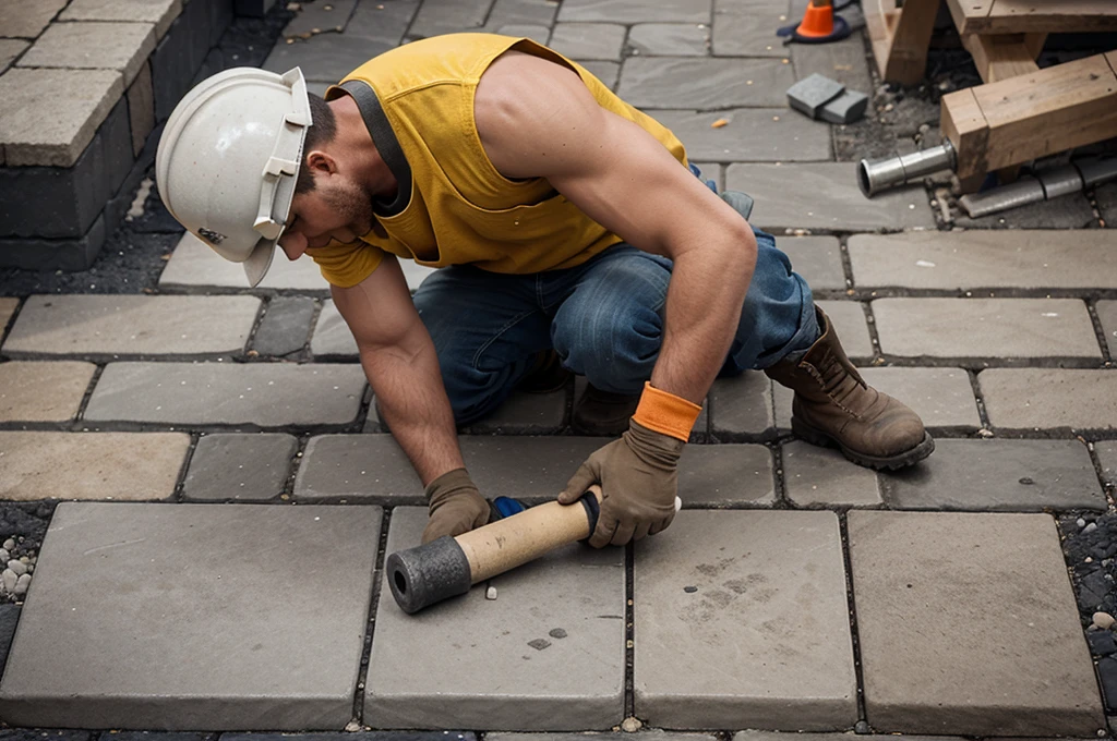 A construction worker laying paving stones, viewed from above the worker's shoulders to avoid showing his face. The worker is using a rubber mallet to set the stones into place, wearing a hard hat, gloves, and work boots. The background includes construction equipment and materials, emphasizing the active work environment and the precise task of paving.