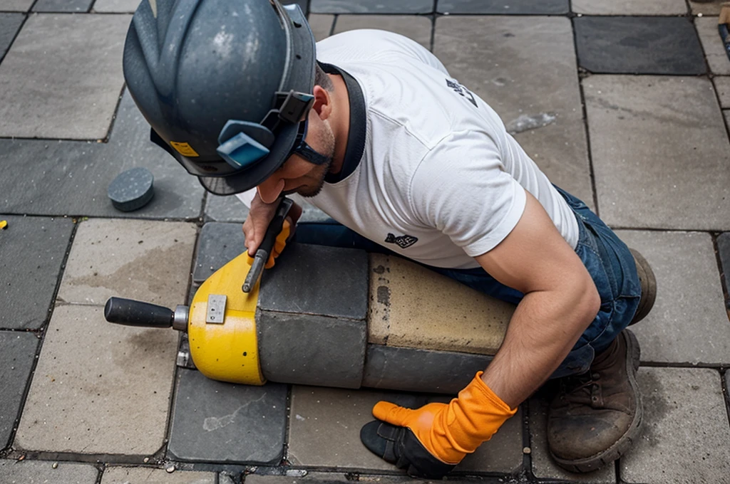 A construction worker laying paving stones, viewed from above the worker's shoulders to avoid showing his face. The worker is using a rubber mallet to set the stones into place, wearing a hard hat, gloves, and work boots. The background includes construction equipment and materials, emphasizing the active work environment and the precise task of paving.