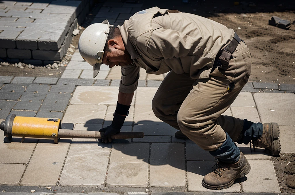 A construction worker laying paving stones, viewed from above the worker's shoulders to avoid showing his face. The worker is using a rubber mallet to set the stones into place, wearing a hard hat, gloves, and work boots. The background includes construction equipment and materials, emphasizing the active work environment and the precise task of paving.