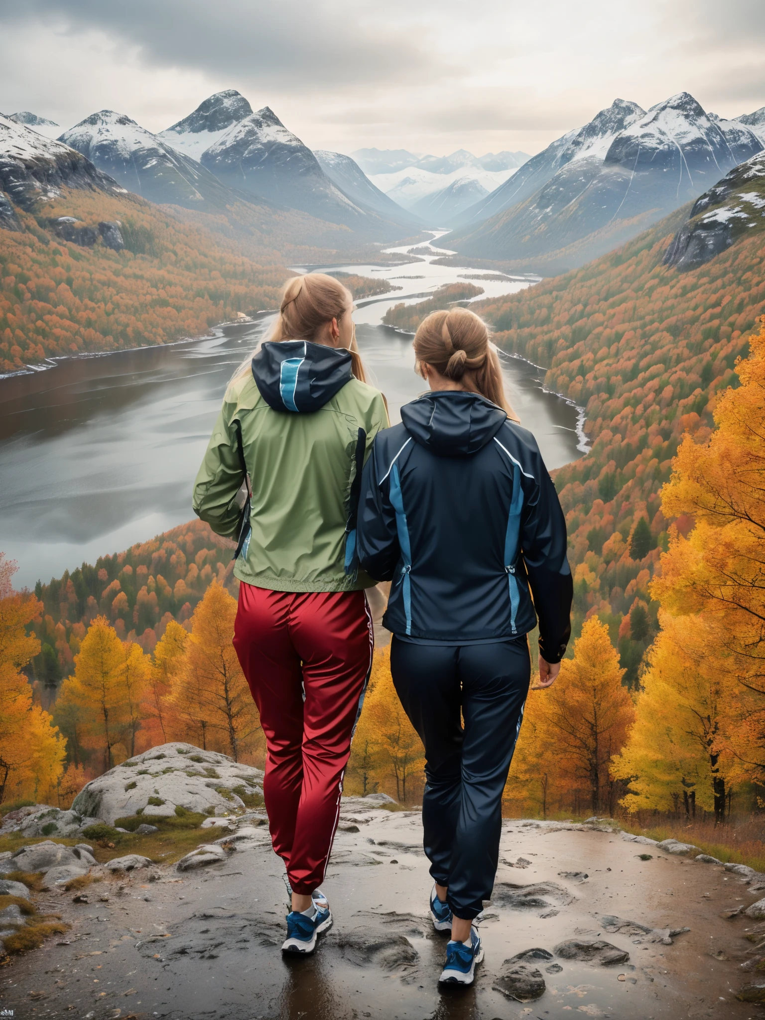 Naturescape photography; mountain climbing; Full body view; (1woman:0.5, solo), (slender body), (Small breasts) , (soaking wet red wind jacket ,tight satin Pants, terrain running shoes, big rucksack), standing on a mountain peak, Rough track, boulders , (long yellow hair), (nordic girl, 26-year-old, ultra delicate face, ultra Beautiful face, ultra delicate eyes, ultra detailed nose, ultra detailed mouth, ultra detailed facial features, natural skin, blemishes, blue eyes), (breasts are small: 0.5) (face is shiny:0.8), (natural skin:1 m, (Spectacular autumn rain, mountain views, with rugged Norwegian mountain ranges in the distance ), (Highest Quality, hyper-realistic:1.3, Super dense, very detailed illustration, Best image quality, very detailed illustration) natural skin, blemishes, detail skin texture, full body pose, natural skin poors, (((shot straight from the behind ))) she is uncomfortable and cold, afraid, sexy Ass, candid Ass,