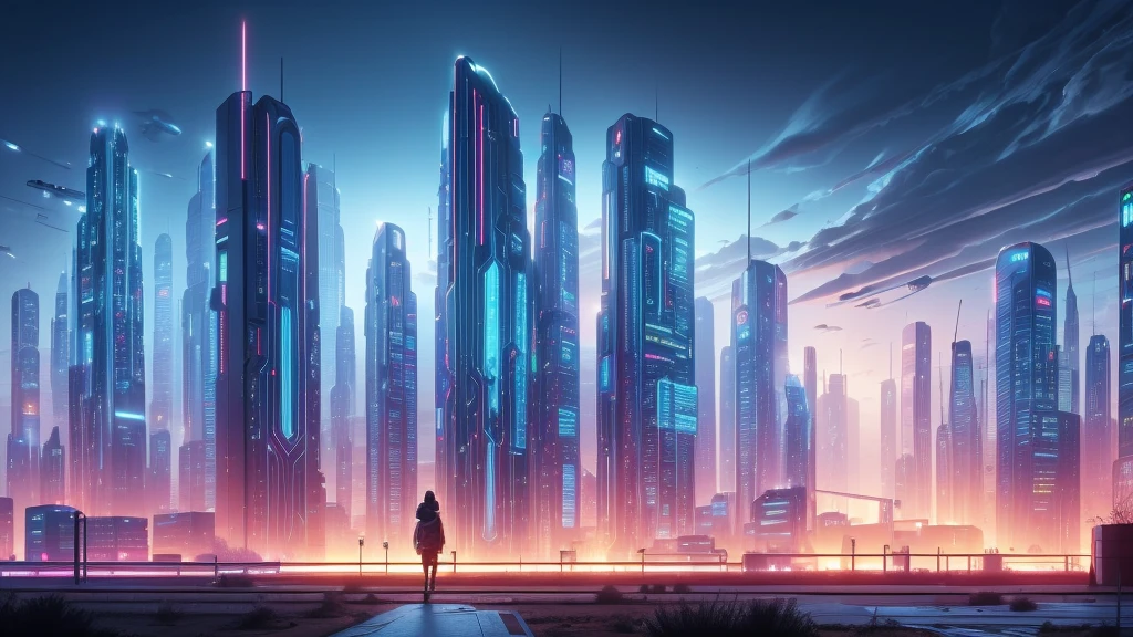 image taken from behind the shoulder of a GIRL with her back turned and DRESSED IN A HOOD from a balcony of a futuristic building with, She is looking at an aerial view of an ultra-futuristic North American megalopolis, view of the entire city with many metal buildings and houses in dark colors from dark blue to black, a cidade tem tons de cinza metal, has smoky metal structures , industrial environment with smoke and fog around, carros escuros nas ruas, desert megalopolis, trilhos e trens modernos de de metal passando estre as ruas da cidade, tall futuristic metal buildings, many ultra modern buildings around, , as realistic as possible, As detailed as possible, Science fiction
