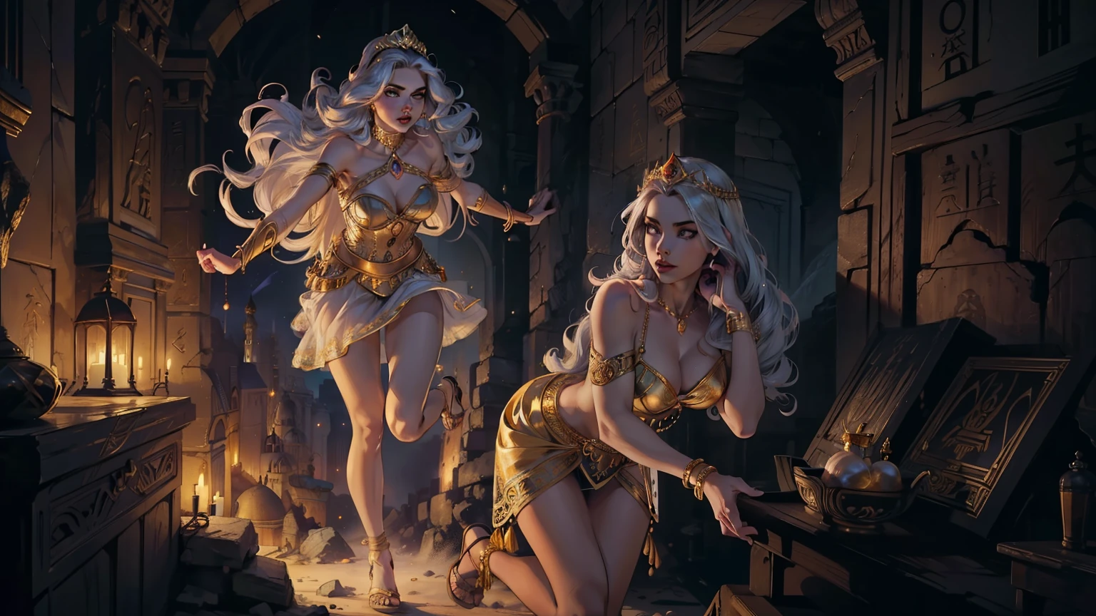 (full medium shot) of (Arabian princess supermodel) young woman, platinum hair, wavy hair, violet eyes, curvaceous, pale skin, her face is similar to Ana de Armas, wearing silk chiffon dress with gold leaf details, flowing skirt, bejeweled bodice, crystal tiara, ornate sandals, gold filigree crown with cascading pearls, startled, mouth open, running towards the viewer, set in a sacred tomb, a hidden chamber deep in the ruins, ornate sarcophagi, intricate hieroglyphics, the air charged with history, the promise of untold riches and secrets, at night, masterpiece, top quality, stunning quality, very aesthetic, extremely detailed face