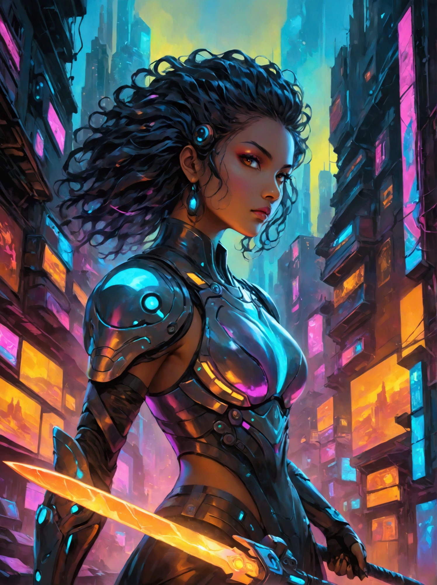 A futuristic warrior, resplendent in glowing armor of vibrant neon shades, stands poised in an active, dynamic stance. The warrior, whose descent is South Asian and gender is female, grasps a light-emanating sword with an air of readiness and intensity. The scene captures the aesthetics of cyberpunk, painted digitally with bold, adventurous brush strokes that mimic the flow and urgency of the situation. Billows of energy erupt around her, as if the city nightscape itself is reacting to her presence. It's a whirlwind of luminosity and avant-garde futurism, encapsulating a cyberpunk warrior's resolve in the face of adversity