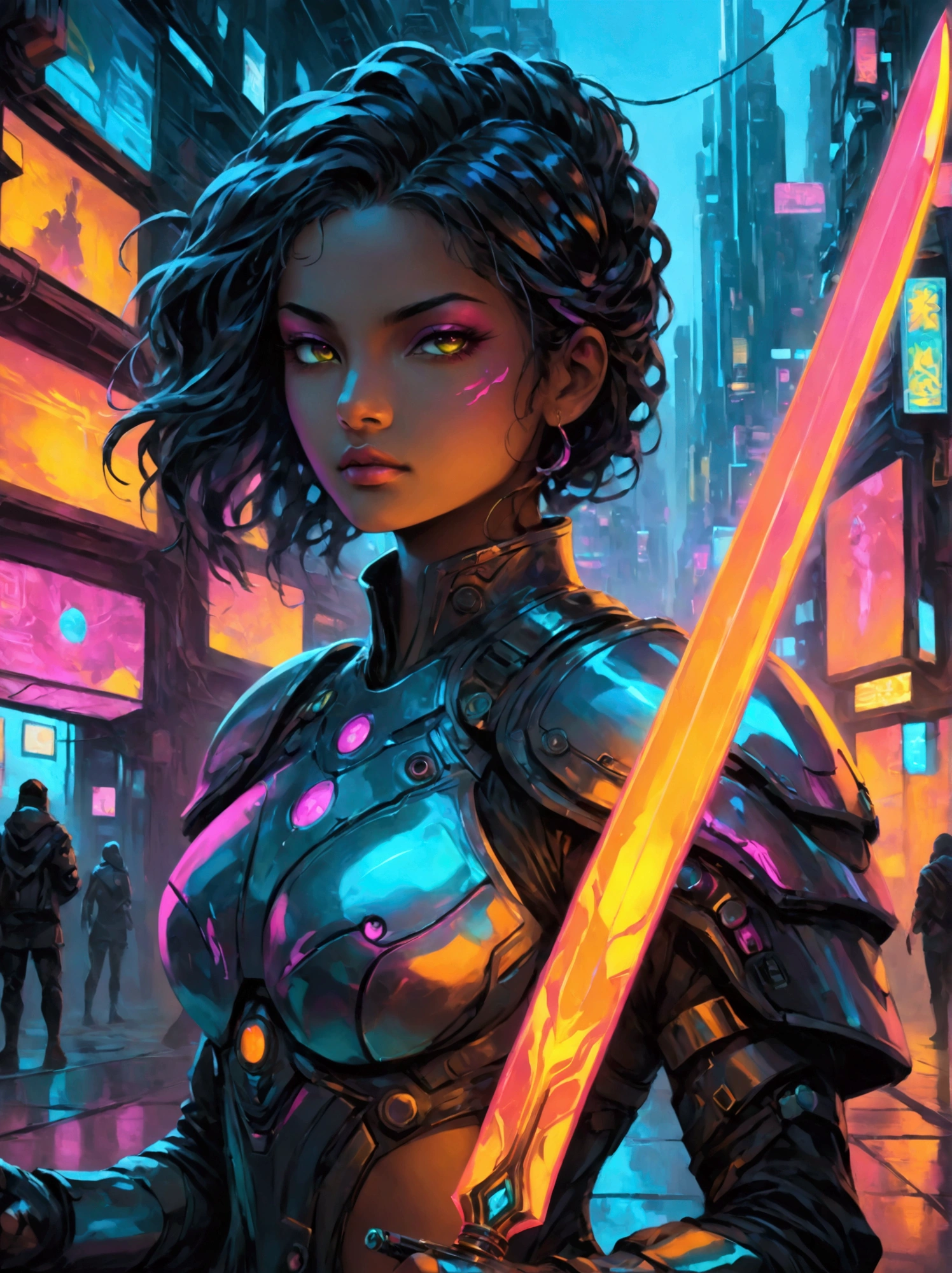 A futuristic warrior, resplendent in glowing armor of vibrant neon shades, stands poised in an active, dynamic stance. The warrior, whose descent is South Asian and gender is female, grasps a light-emanating sword with an air of readiness and intensity. The scene captures the aesthetics of cyberpunk, painted digitally with bold, adventurous brush strokes that mimic the flow and urgency of the situation. Billows of energy erupt around her, as if the city nightscape itself is reacting to her presence. It's a whirlwind of luminosity and avant-garde futurism, encapsulating a cyberpunk warrior's resolve in the face of adversity