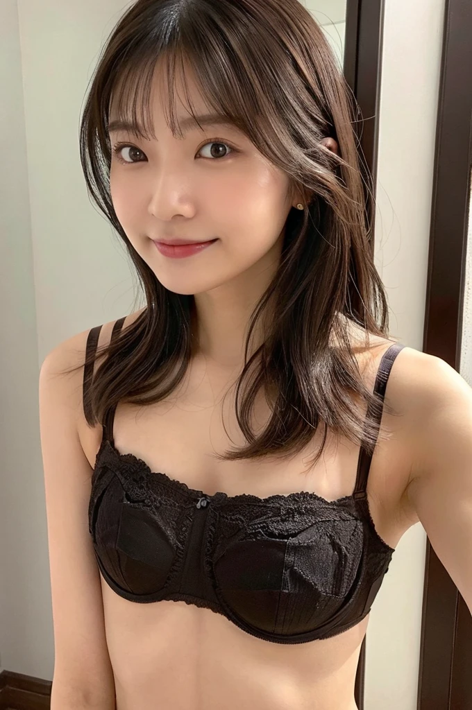 One girl, alone, (mirror:1.3), Selfie shots,smartphone, nude, Are standing,(Wearing a bra top, panties:1.4),Good top:black,(A light smile:0.6), bangs, Pussy, Mole, alone focus, throw, Japanese women, Teen,high school student,(18-year-old),Medium Hair, (Brown Hair:1.2), Ultra-Realistic Capture, Very detailed, High resolution 16k human skin closeup. Skin texture must be natural, So detailed that even pores can be distinguished. Skin looks healthier, In a unified tone. Use natural light and color,