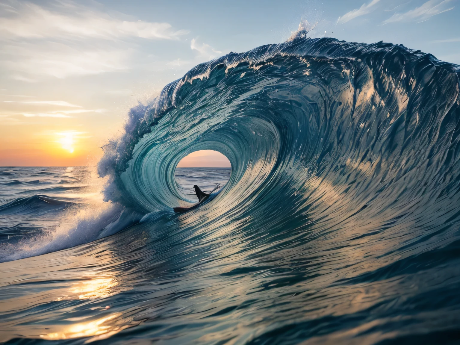 "Cat shaped wave, Water cat, Ultra-realistic, sunset, 4K, 8K, Splash, Flying Bird, blue sky, Water Spiral, -- 9:16"  