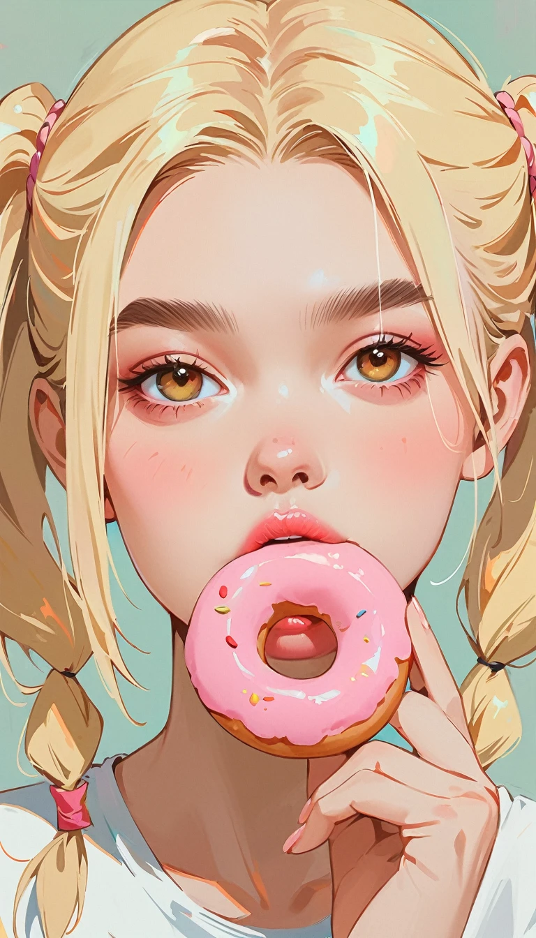 (masterpiece、Highest quality: 1.2)、1 girl、Lonely、Anime Style、Blonde、Pink Lips、Pigtails、Braid、Biting into a donut、In the style of a leading portraitist、Gray background。