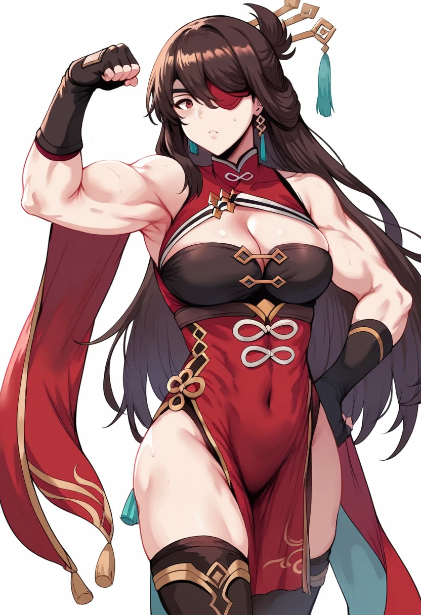 Hews style, 1girl, beidou_(genshin_impact), breasts, solo, long_hair, gloves, cleavage, thighhighs, eyepatch, muscular_female, muscular, fingerless_gloves, brown_hair, earrings, dress, hair_ornament, jewelry, biceps, large_breasts, black_gloves, cleavage_cutout, clothing_cutout, pelvic_curtain, chinese_clothes, bare_shoulders, white_background, simple_background, hairpin, boots, hair_stick, red_dress, flexing