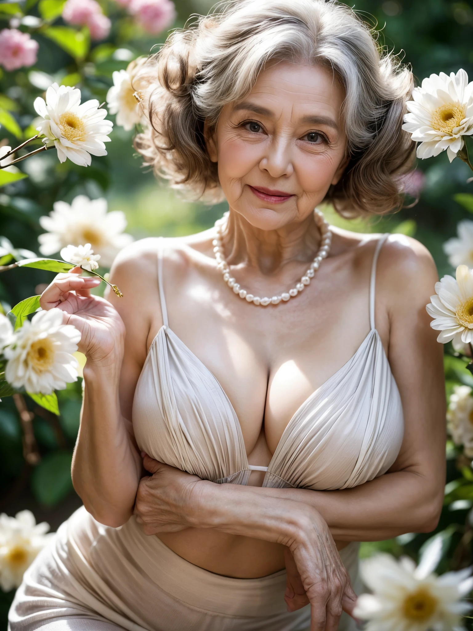 Beautiful elderly woman, cute,sexy,80 years old,,sexy,Wear a pearl necklace, Flowers in her hair, hair bunches, holding a little bunch of white flowers in her hand, posing with flowers, old woman, Ultra big Big saggy soft:1.4, Breasts, Curly Hair, big nipples, mature nipples