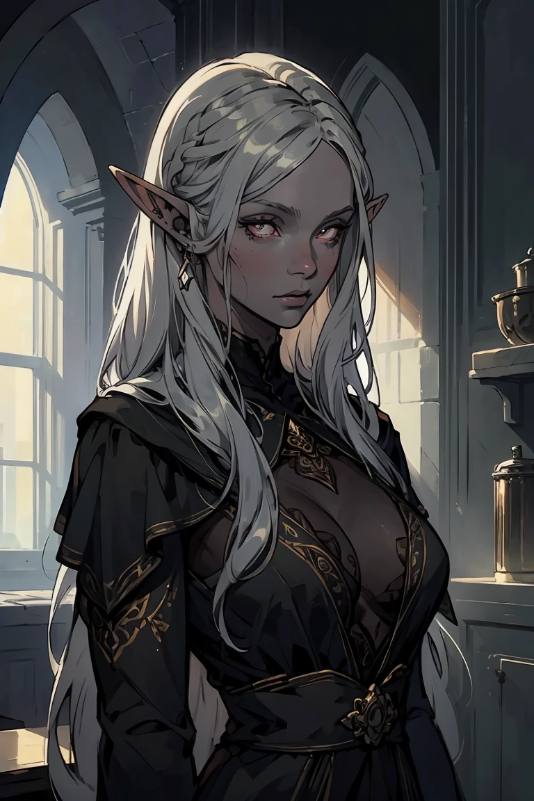 high quality: 1.3, cinematic frame, masterpiece, very detailed bright portrait, drow (elven long ears), ((Girl with gray skin)) (beautiful young woman), pretty face, fantasy, complex hairstyle
, (white hair), glowing hair, night, (very detailed skin), detailed background, in kitchen, indoor, soft lighting, tavern crepuscular lighting, volumetric lighting, complex parts, UHD