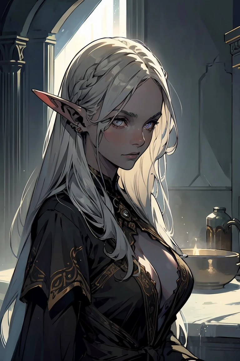 high quality: 1.3, cinematic frame, masterpiece, very detailed bright portrait, drow (elven long ears), ((Girl with gray skin)) (beautiful young woman), pretty face, fantasy, complex hairstyle
, (white hair), glowing hair, night, (very detailed skin), detailed background, in kitchen, indoor, soft lighting, tavern crepuscular lighting, volumetric lighting, complex parts, UHD