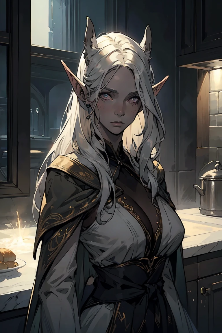 high quality: 1.3, cinematic frame, masterpiece, very detailed bright portrait, drow (elven long ears), ((Girl with gray skin)) (beautiful young woman), pretty face, fantasy, complex hairstyle
, (white hair), glowing hair, night, (very detailed skin), detailed background, in kitchen, indoor, soft lighting, tavern crepuscular lighting, volumetric lighting, complex parts, UHD