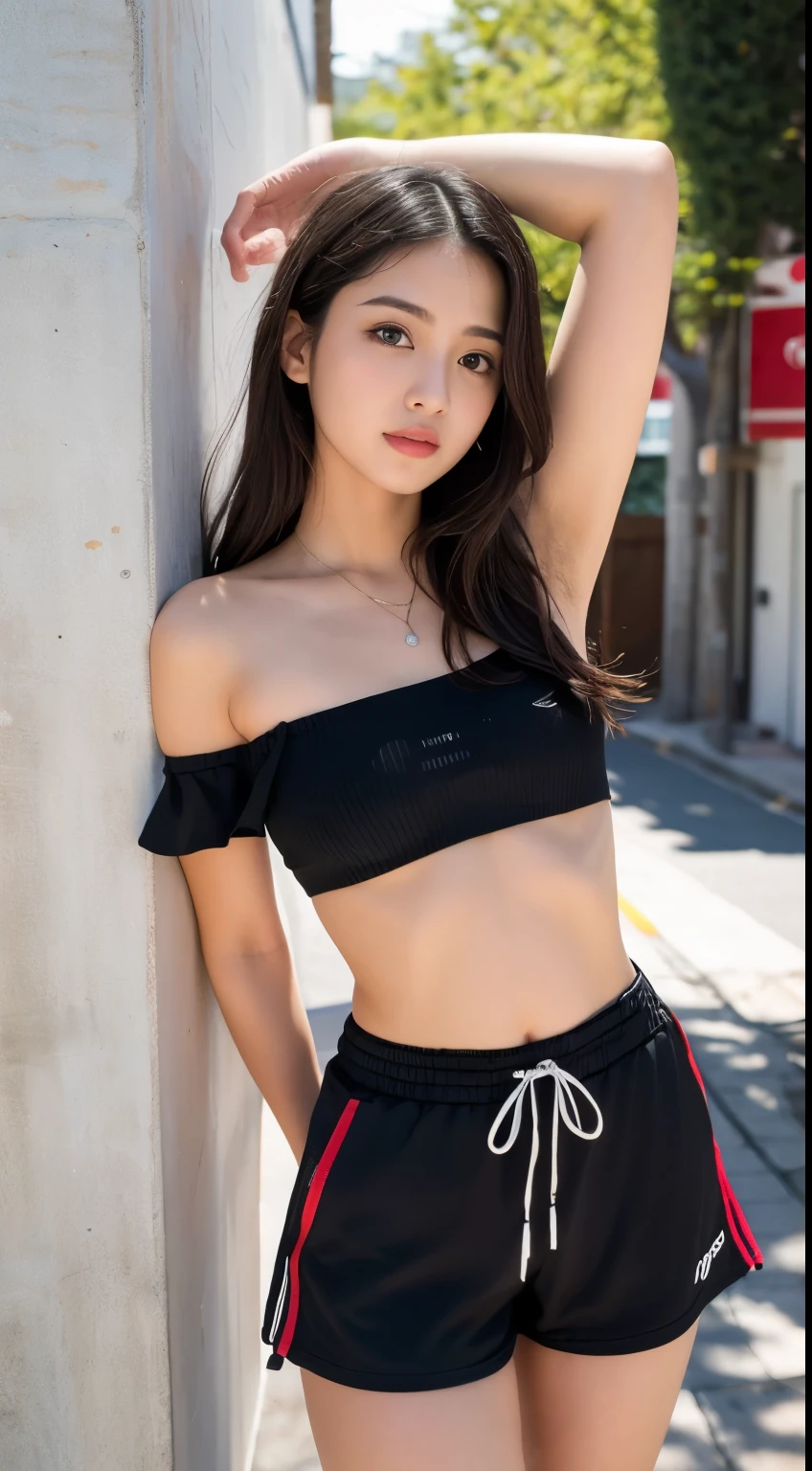 (8K, RAW photograph, Highest quality, masterpiece:1.3),(Genuine,photograph:1.37),(Black Hair),Pause,One girl,Very beautiful face,cute,(small),(Raise your arms to show your waki))),Poggy Hairstyle,Random representation,(White off-the-shoulder tube top),ＪＫ_style,(Track Shorts) ,Black Hair,(19 years old),moderate,Five Fingers,Normal hand,small Mouth,Straight hair