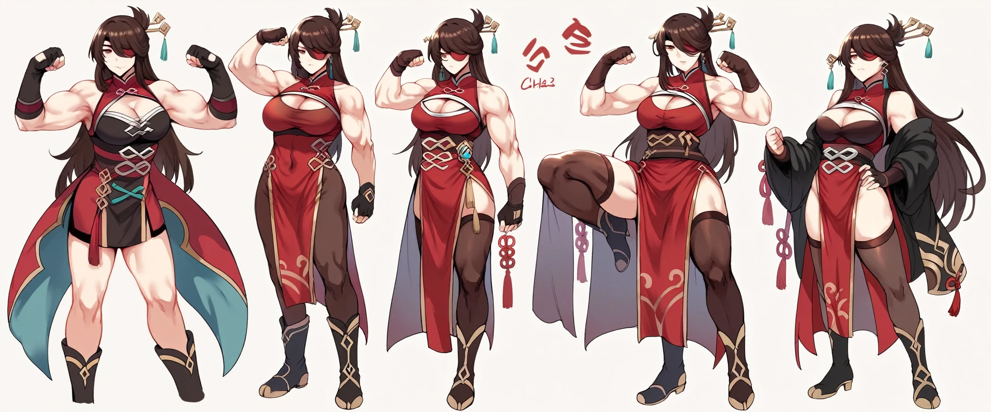 Hews style, 1girl, beidou_(genshin_impact), breasts, solo, long_hair, gloves, cleavage, thighhighs, eyepatch, muscular_female, muscular, fingerless_gloves, brown_hair, earrings, dress, hair_ornament, jewelry, biceps, large_breasts, black_gloves, cleavage_cutout, clothing_cutout, pelvic_curtain, chinese_clothes, bare_shoulders, white_background, simple_background, hairpin, boots, hair_stick, red_dress, flexing