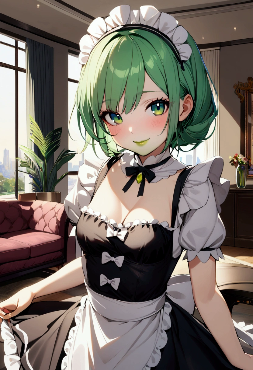 1girl with medium green hair, green eyes, green lips, maid uniform, decolletage, smiling, rich living room, indoors, young face, lusty smile