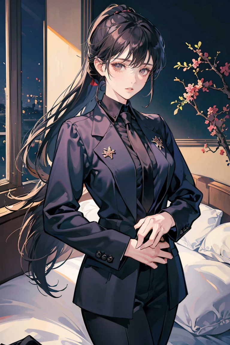 anime - (masterpiece), best quality, small eyes, mature face, dark brown eyes, long ponytail dark hair, long mature face, navy blue business suit, black necktie, tall woman, long legs, adult-like female, 1girl, medium sized breast, school background