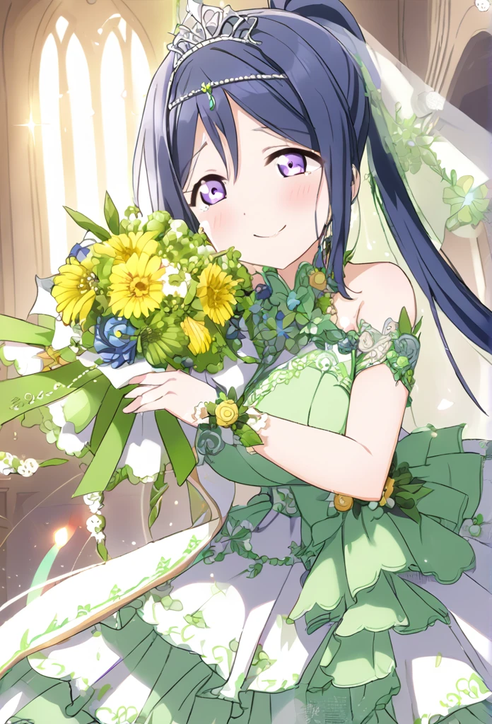 Kanan Matsuura Navy Blue Hair Purple eyes Long Ponytail tiara emerald green wedding dress Yellow green flower decoration dress church smile Huge breasts Shining Tears of joy Bouquet of green flowers