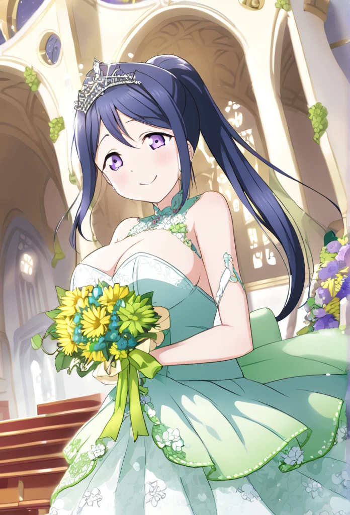 Kanan Matsuura Navy Blue Hair Purple eyes Long Ponytail tiara emerald green wedding dress Yellow green flower decoration dress church smile Huge breasts Shining Tears of joy Bouquet of green flowers