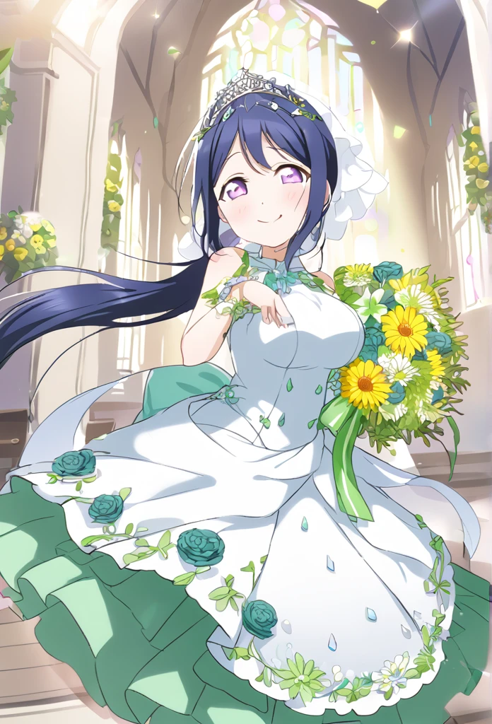 Kanan Matsuura　Navy Blue Hair　Purple eyes　Long Ponytail　tiara　emerald green wedding dress　Yellow green flower decoration dress　church　smile　Huge breasts　Shining　Tears of joy　Bouquet of green flowers