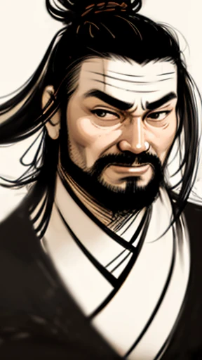 Monochrome,Oriental、Men in ancient Chinese costumes、(ancient chinese hairstyle male)、As seen in the Romance of the Three Kingdoms々military commander、Highest quality、masterpiece、Ultra-high resolution、(Realistic:1.4)、Game Poster、Crisp and beautiful image quality、beard、Embroidered cloth wrapped around a topknot、whole body ,((Skin of color, ),(Heavy Blackbeard):1.2), ( (Very detailed, bloom:1.5), (Highest quality, Concept Art, 4K), (analog:1.2), (high sharpness), (Detailed pupil:1.1), (Painting:1.1), (digital Painting:1.1), Detailed face and eyes, masterpiece, Highest quality, (Very detailed写真:1.1), 8K, photoRealistic, (Black Hair, Dynamic Short Hair), (PurerosFace_v1:0.2), [:(Detailed face:1.2):0.2], sharp, Realistic, Realistic Shadow, 