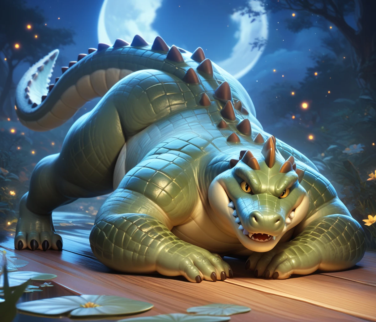 (chubby male crocodile cub), full body, nude, jack-o challenge, anthro, adorable, magical oasis, fantasy, night time, moonlight, magical, extremely detailed, beautiful,whimsical, high resolution image