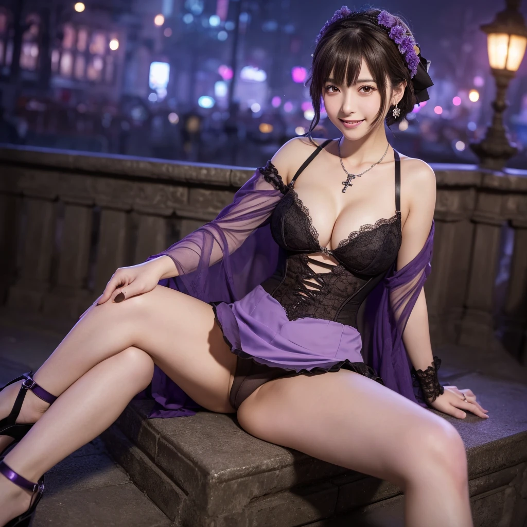 girl, Height: 170cm,体重38Kg,Exposing the chest,Sit down and open your legs,High heels,White skin, ((Dark brown short tiered hair)), V cut with layers and bangs, Brown eyes, Soft atmosphere characteristics (Highest quality, Ultra-high resolution, 8K, RAW Photos, Ultra-high resolution: 1.2, masterpiece: 1.3), (Realistic, Realistic: 1.37), Very detailed, Professional Lighting, Photon Mapping, Radio City, 物理ベースレンダring, One Girl, (high school girl), Sharp focus:1.2、Beautiful woman:1.4,cute, Nice, Adorable smile, Normal chest, Cross Necklace、Earrings、ring,(Cleavage)、((Dark brown short hair),Gothic ta Fashion, (((Stay Night, Violet Evergarden))),(A cute toothy smile),Japanese cityscape at night,Tokyo,whole body