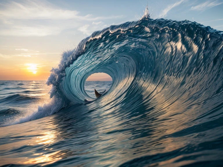 "Cat shaped wave, Water cat, Ultra-realistic, sunset, 4K, 8K, Splash, Flying Bird, blue sky, Water Spiral, -- 9:16"