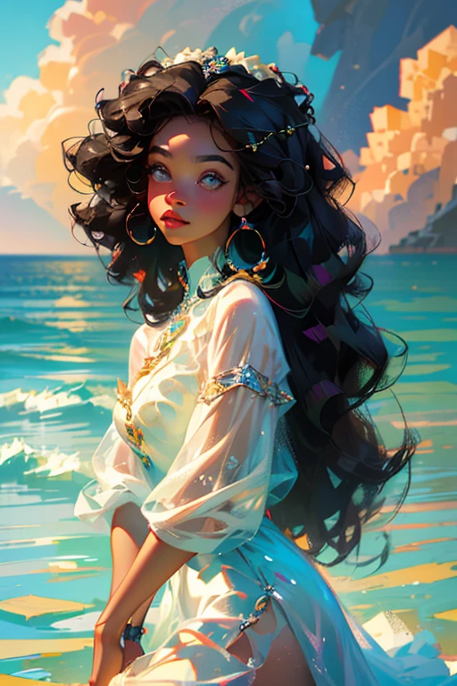a very detailed and realistic portrait of a beautiful black woman with curly afro hair, wearing a colorful dress, in front of a vibrant ocean background with warm natural lighting, (best quality,4k,8k,highres,masterpiece:1.2),ultra-detailed,(realistic,photorealistic,photo-realistic:1.37),beautiful detailed eyes,beautiful detailed lips,extremely detailed eyes and face,longeyelashes,intricate curly afro hair,warm tones,vibrant colors,ocean background,natural lighting