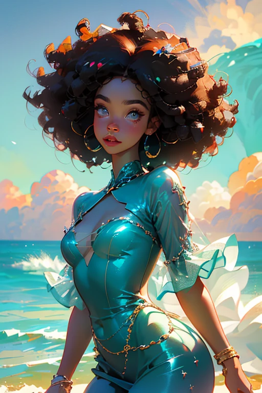 a very detailed and realistic portrait of a beautiful black woman with curly afro hair, wearing a colorful dress, in front of a vibrant ocean background with warm natural lighting, (best quality,4k,8k,highres,masterpiece:1.2),ultra-detailed,(realistic,photorealistic,photo-realistic:1.37),beautiful detailed eyes,beautiful detailed lips,extremely detailed eyes and face,longeyelashes,intricate curly afro hair,warm tones,vibrant colors,ocean background,natural lighting