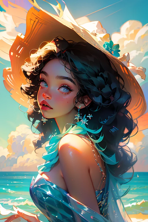 a very detailed and realistic portrait of a beautiful black woman with curly afro hair, wearing a colorful dress, in front of a vibrant ocean background with warm natural lighting, (best quality,4k,8k,highres,masterpiece:1.2),ultra-detailed,(realistic,photorealistic,photo-realistic:1.37),beautiful detailed eyes,beautiful detailed lips,extremely detailed eyes and face,longeyelashes,intricate curly afro hair,warm tones,vibrant colors,ocean background,natural lighting