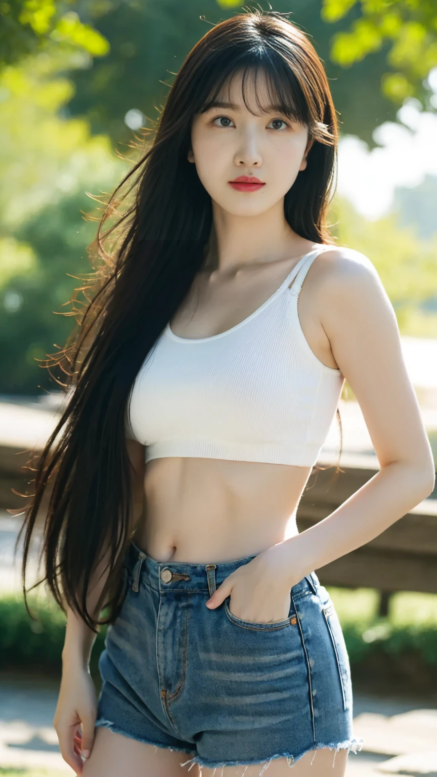 Best quality, masterpiece, ultra high res, (photorealistic:1.5), raw photo, 1girl, in the park, deep shadow, low key, cold light, sexy look, ample bust , bra outlined visible, bra strap, knit tanktop, natural breast size, (long hair)