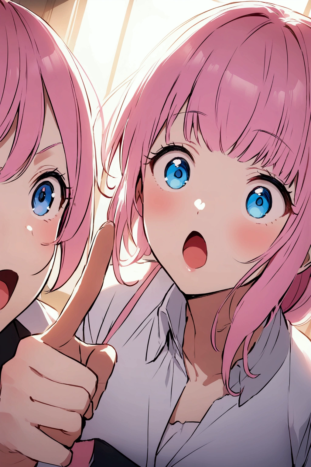 Pointing at the other person、be surprised、Uh huh?、、Pink haired woman、blue eyes