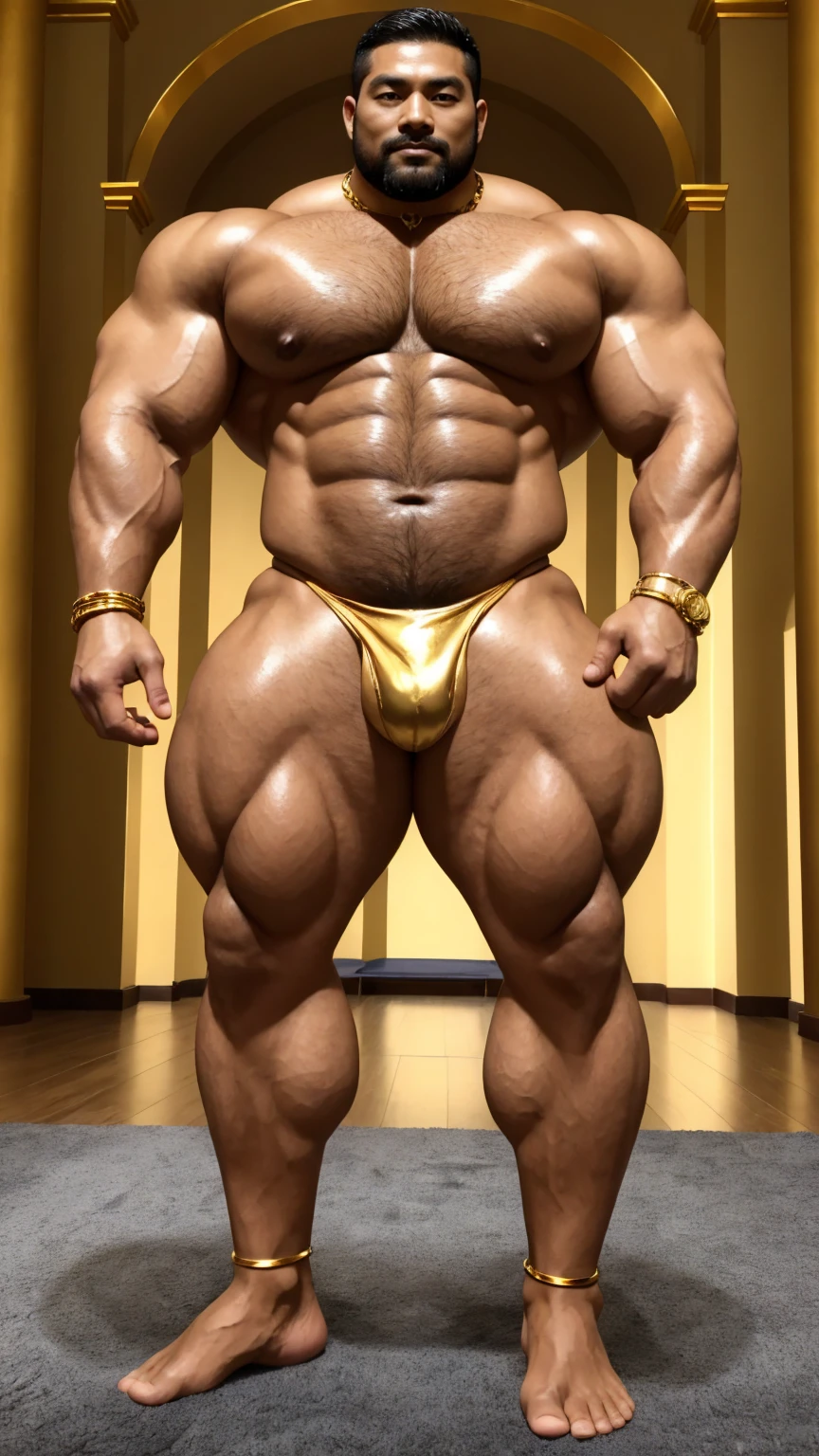 There is only one handsome Asian king in the photo,35 years old,tall, Wearing a golden crown,Crown inlaid with gemstones,Fitness,Smooth body,Smooth skin,No chest hair,short hair, O-Shaped Beard,Perfect body, Dark skin color,Radiant Skin,Smooth skin,Shiny, shiny skin,Smooth pectoral muscles,Muscle bulge, muscular, Very large pectoral muscles,Very sexy abdominal muscles,Very well-developed leg muscles,Huge concave and convex area,Brightens oily skin,Wearing a shiny gold leather thong,Handsome face,Normal human toes,Correct and accurate male body proportions,Gold Collar,Gold bracelet,Gold anklets,Standing in the magnificent palace,Epic。