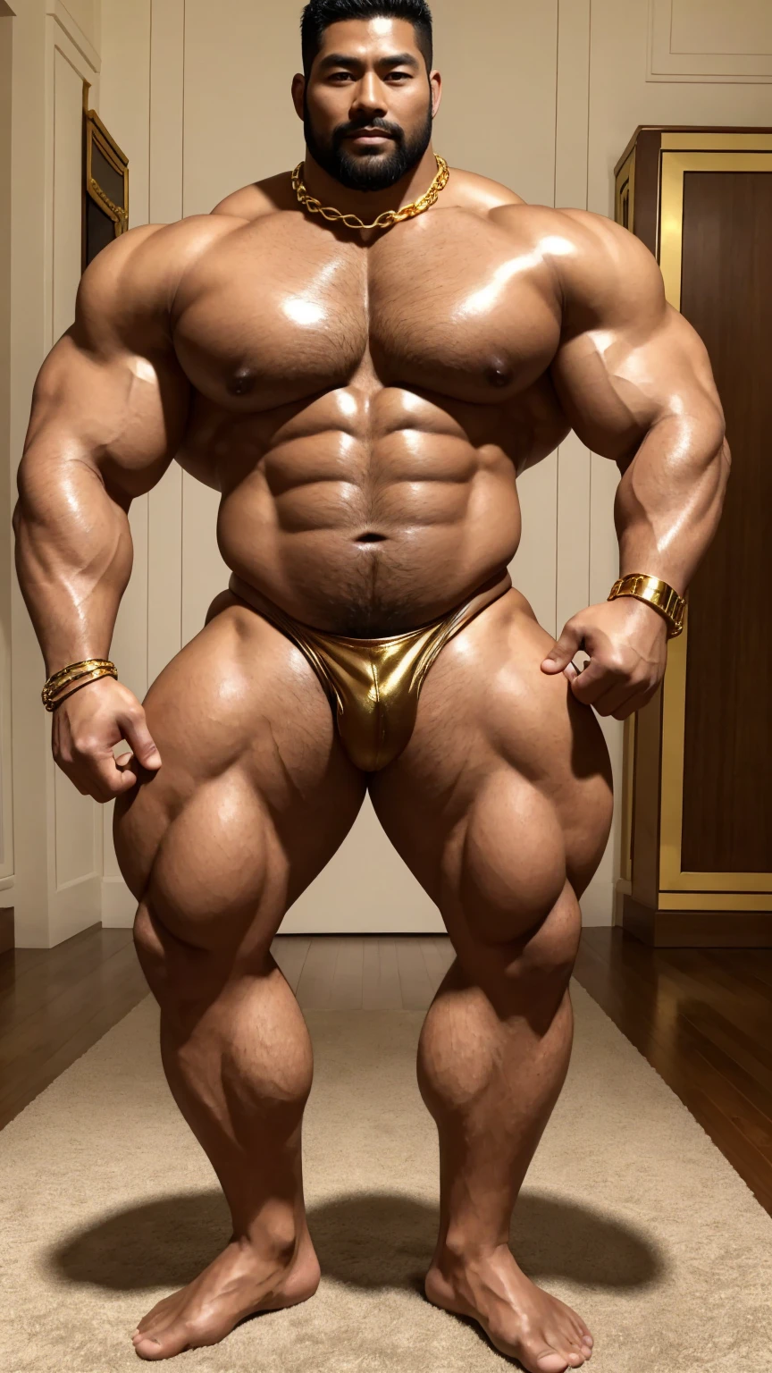 There is only one handsome Asian king in the photo，35 years old，tall, Wearing a golden crown，Crown inlaid with gemstones，Fitness，Smooth body，Smooth skin，No chest hair，short hair, O-Shaped Beard，Perfect body, Dark skin color，Radiant Skin，Smooth skin，Shiny, shiny skin，Smooth pectoral muscles，Muscle bulge, muscular, Very large pectoral muscles，Very sexy abdominal muscles，Very well-developed leg muscles，Huge concave and convex area，Brightens oily skin，Wearing a shiny gold leather thong，Handsome face，Normal human toes，Correct and accurate male body proportions，Gold Collar，Gold bracelet，Gold anklets，Standing in the magnificent palace，Epic。
