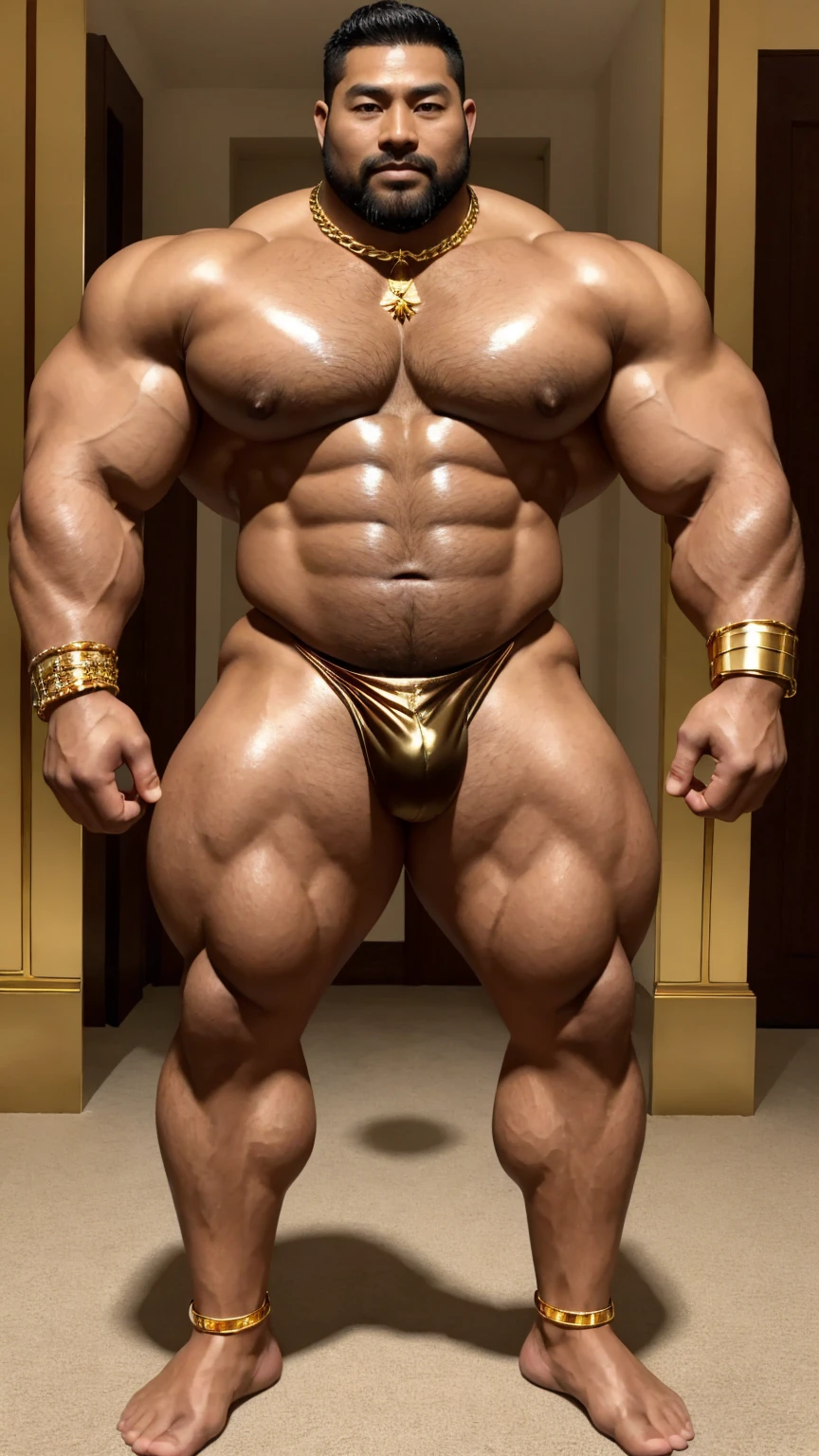 There is only one handsome Asian king in the photo，35 years old，tall, Wearing a golden crown，Crown inlaid with gemstones，Fitness，Smooth body，Smooth skin，No chest hair，short hair, O-Shaped Beard，Perfect body, Dark skin color，Radiant Skin，Smooth skin，Shiny, shiny skin，Smooth pectoral muscles，Muscle bulge, muscular, Very large pectoral muscles，Very sexy abdominal muscles，Very well-developed leg muscles，Huge concave and convex area，Brightens oily skin，Wearing a shiny gold leather thong，Handsome face，Normal human toes，Correct and accurate male body proportions，Gold Collar，Gold bracelet，Gold anklets，Standing in the magnificent palace，Epic。
