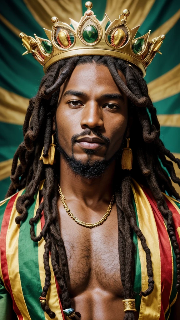Depict a noble king in traditional Rastafarian attire with a crown adorned with the Lion of Judah and colors of the Rastafarian flag. The background should include elements of Rastafarian culture and natural landscapes.
