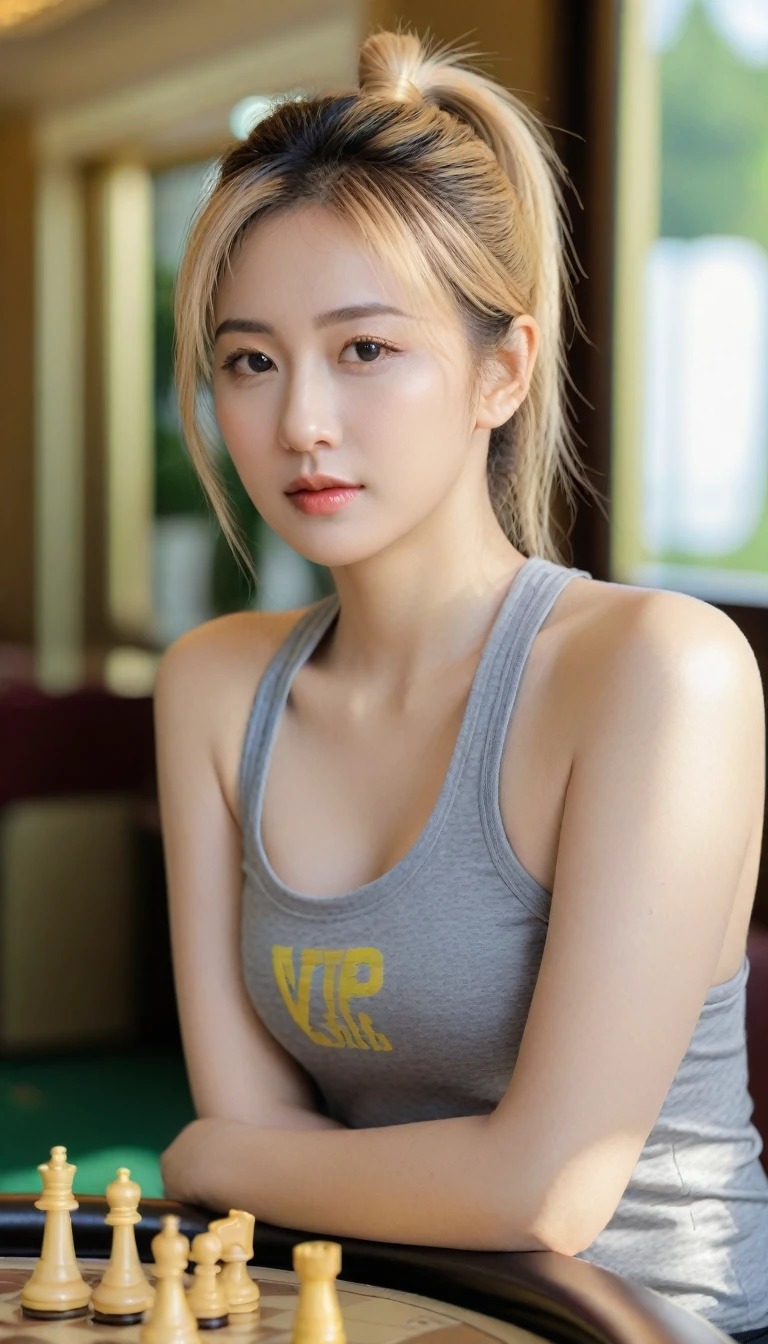 Close-up photo of a beautiful Korean woman, Bust size 34 inches, blonde high ponytail, Wear a gray tank top., Play chess in the garden, sunlight, bokeh background, UHD, sit (random background,In casinos,VIP casino room, Modern Casino Console, Modern Slot Machines )