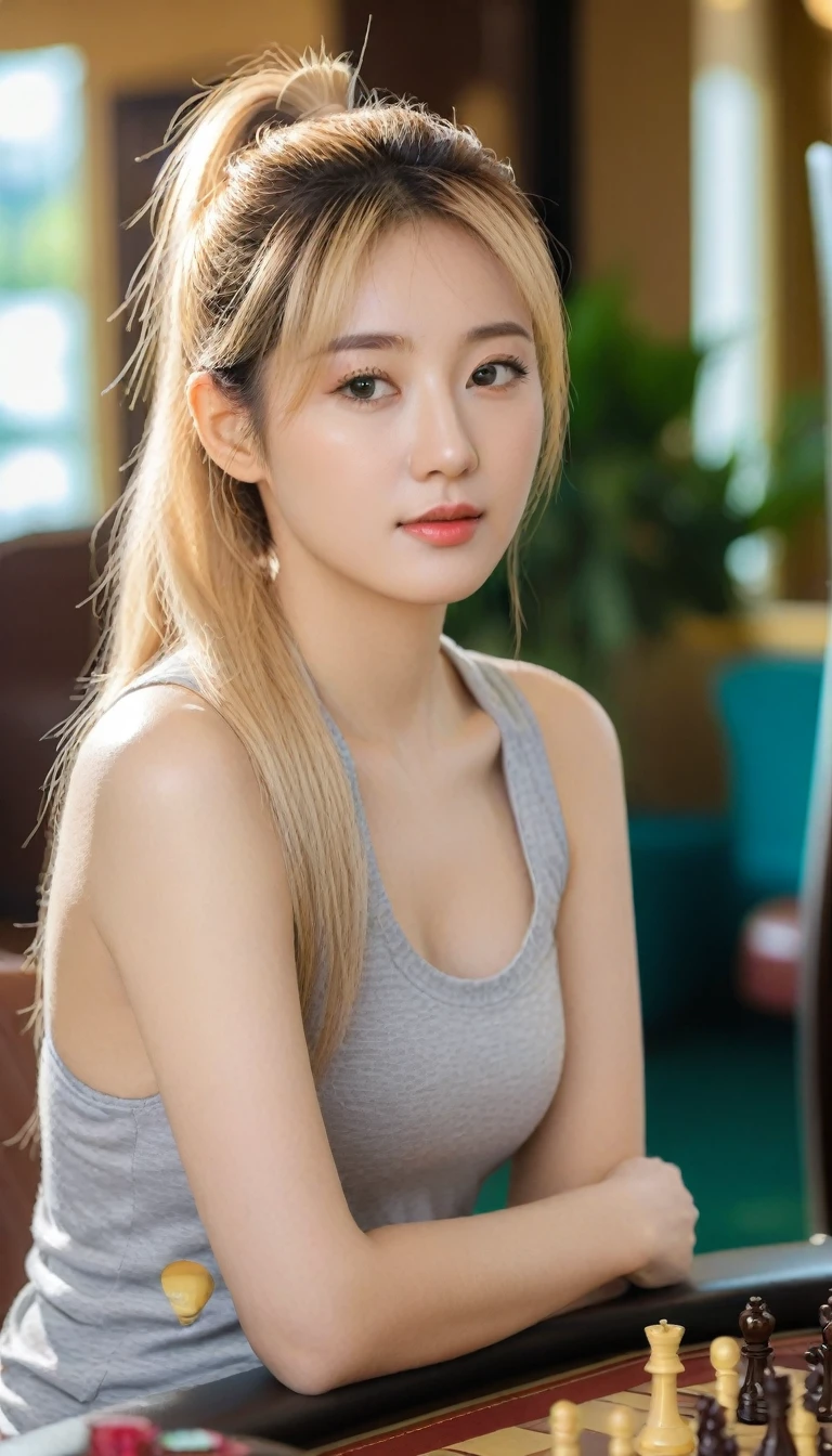 Close-up photo of a beautiful Korean woman, Bust size 34 inches, blonde high ponytail, Wear a gray tank top., Play chess in the garden, sunlight, bokeh background, UHD, sit (random background,In casinos,VIP casino room, Modern Casino Console, Modern Slot Machines )