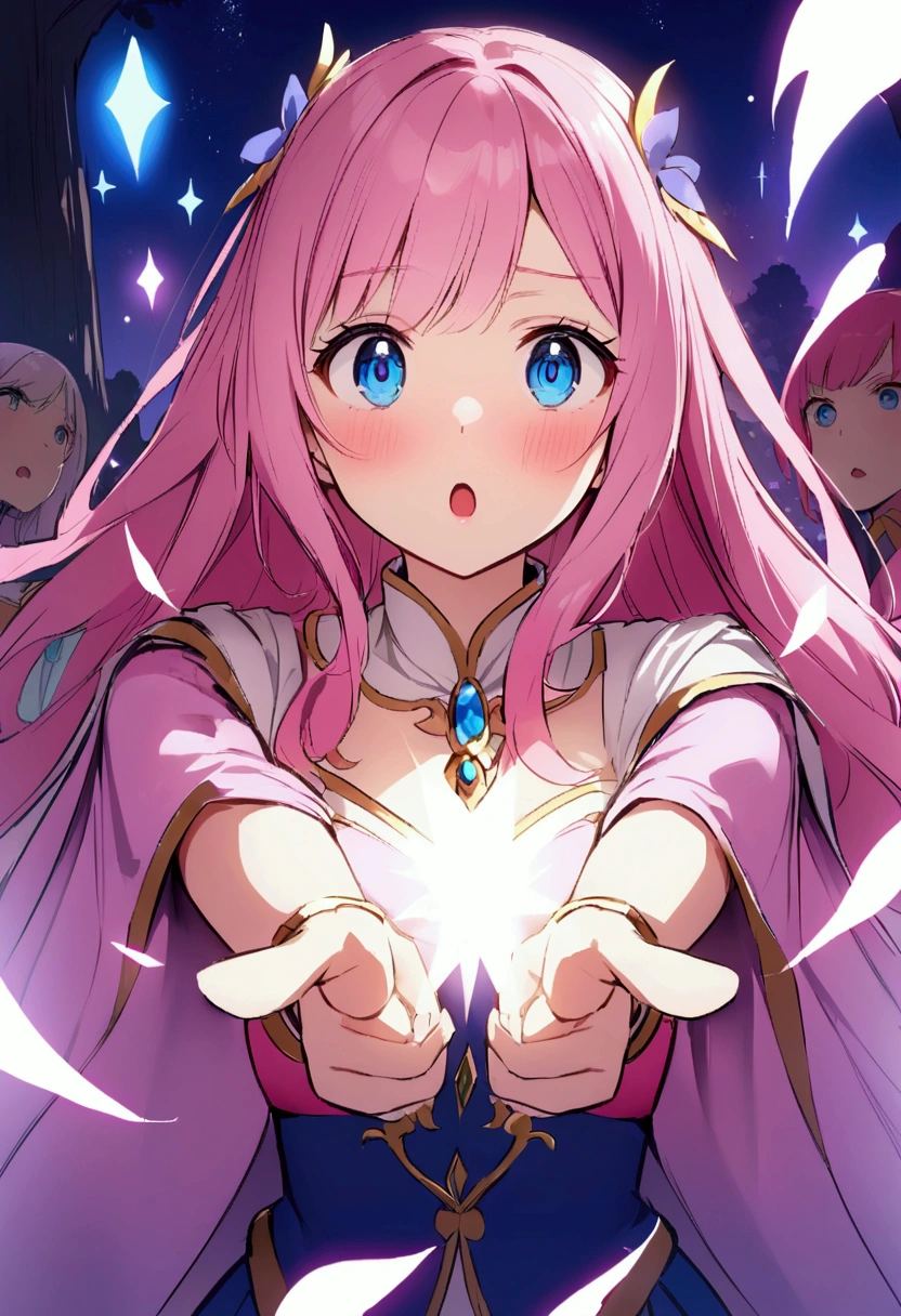 Pointing at the other person、be surprised、Uh huh?、、Pink haired woman、blue eyes