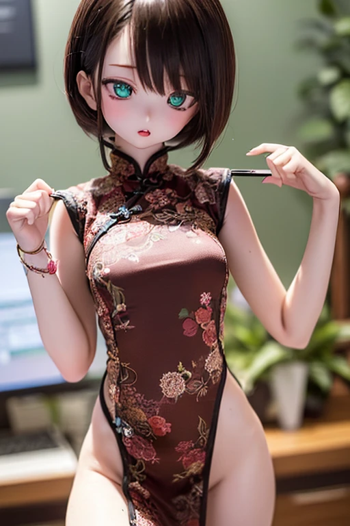 (SFW:2), photorealistic, realistic photo, 8k, ((highest quality)), ((masterpiece)), (extremely detailed), kukolnydom, doll, (1girl, 20yo, 20 years old:1.6), solo, ((cowboy shot, standing, slim, slender, skinny, medium breasts, china dress, qipao, chinese room)), (parted lips, green eyes, brown hair, plastic skin, looking at another, glass eyes, gradient eyes, shining eyes, detailed eyes:1.3)